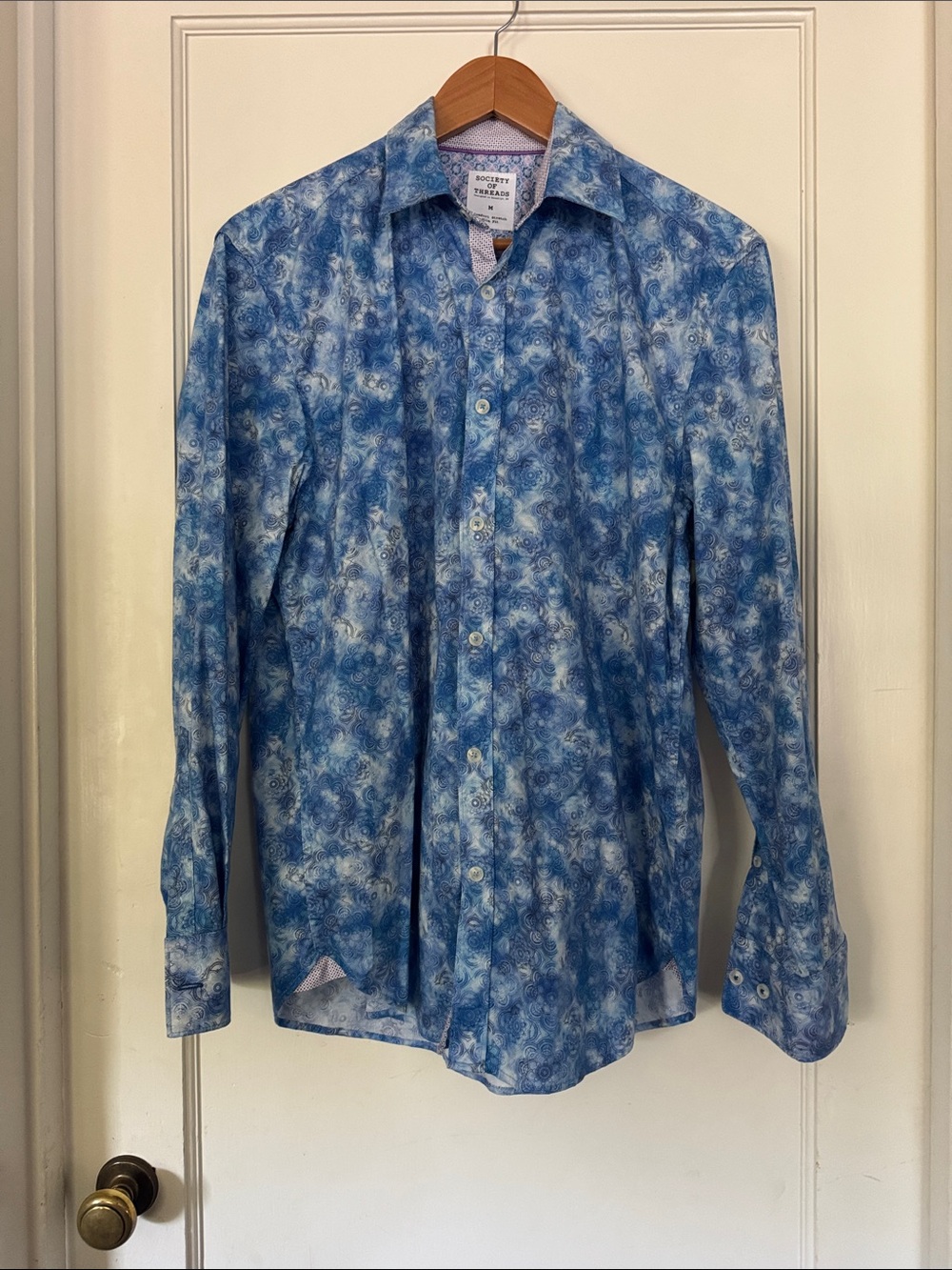 Society Of Threads Blue Patterned Casual Button-Down Shirt